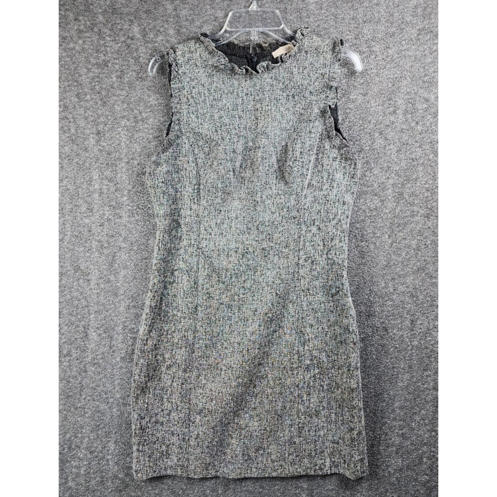 Loft Dress Womens 10 Sheath Grey Ruffle Neck Sleeveless Tweed Texture EUC